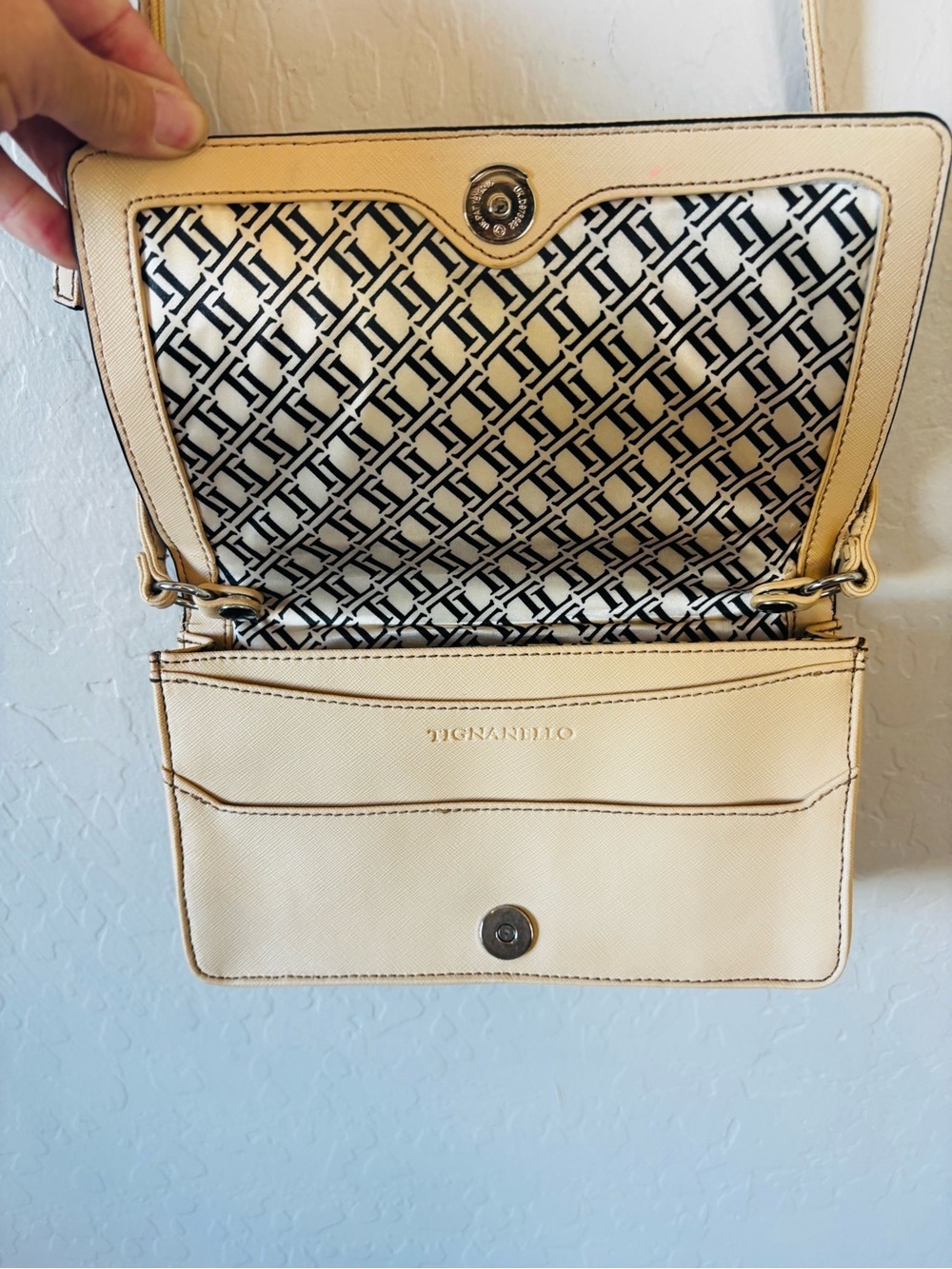 Tignanello saffiano leather Cream Crossbody Bag with Metal Logo Plate - Picture 3 of 9